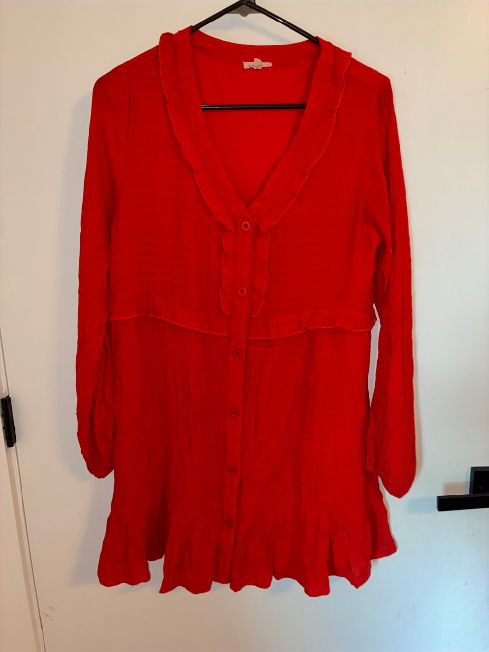 JODIFL Red Long-Sleeve Button-Front Ruffle Tunic Dress